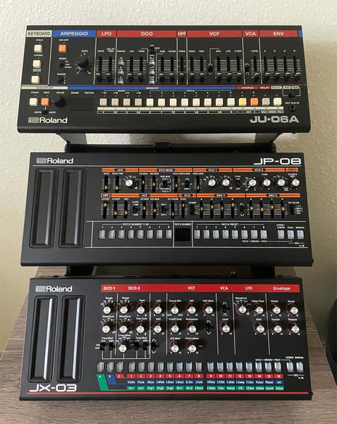 Three Roland Boutiques in KVgear Boo-3 stand
