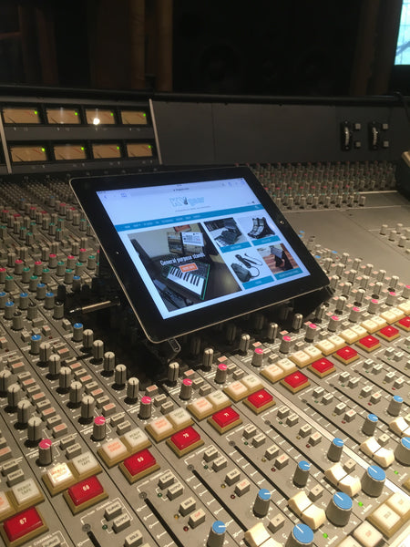 KVgear Stiletto Angled stand holding iPad above mixing console at AIR Studios in London.