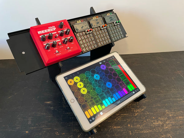Tray to hold Pocket Operators and MeeBlip on desktop synth stand.