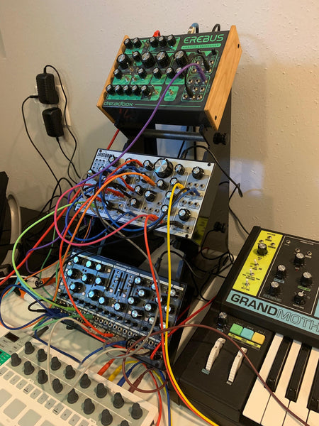 Dreadbox Erebus, Pittsburgh Modular Lifeforms Double Helix and voltage lab on KVgear Utility M3 three tier desktop stand