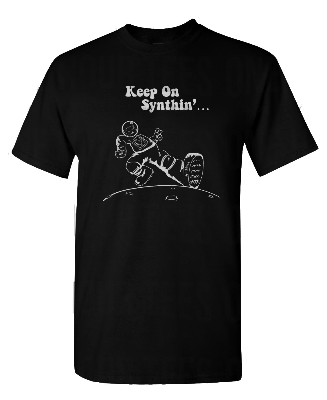 T-shirt with "Keep On Synthin'" and a cat astronaut strutting on the moon.