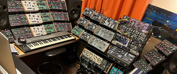 Eight KVgear Utility M3 stands supporting 24 Dreadbox synths and processors.