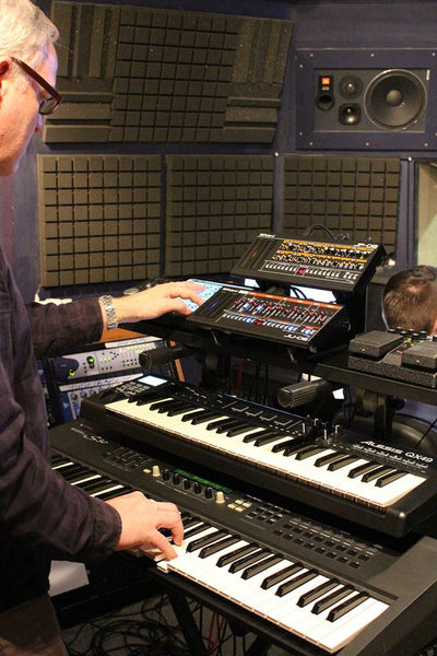 Two tier Roland Boutique stand in use in a studio (KVgear Boo-2)