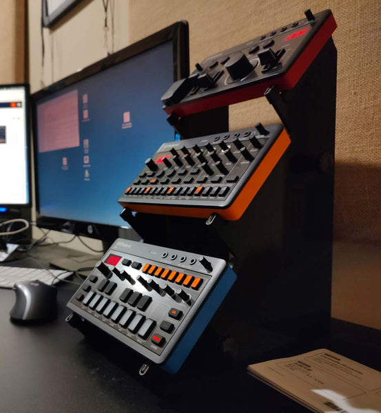 KVgear Boo-3 three tier stand for Roland Aira Compact synths.  Photo courtesy Dr. Steve at Weird Medicine on SiriusXM.