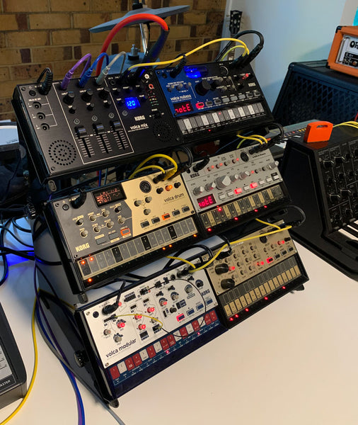 Mount Korg Volcas in a KVgear Boo-3 stand using Volca Tray Shelves